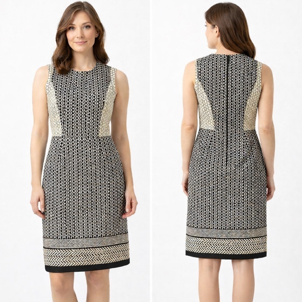 J Crew Classic Geometric Black Cream Retro Shift Dress Size 8